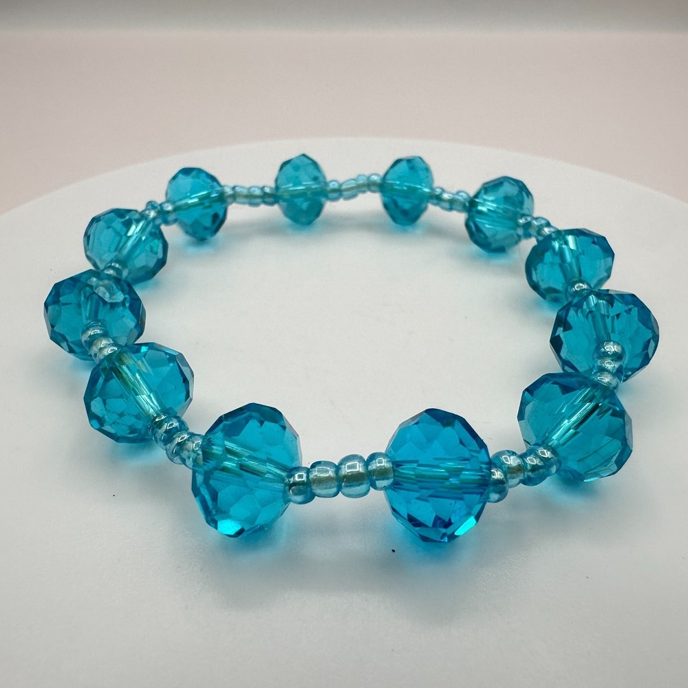 Vintage 90s Teal Blue Faceted Beaded Stretch Bracelet Boho Chic Jewelry
